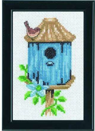Permin Broderikit Fuglehuse Blåt 9x14cm